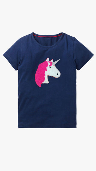 Mini Boden Girl's Unicorn Applique Top in Navy