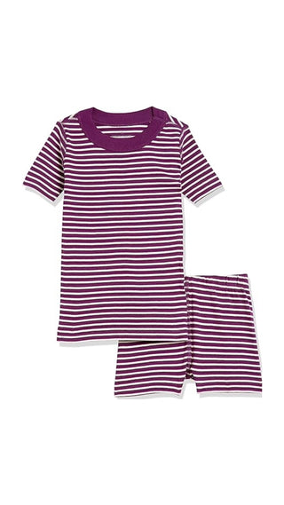 Kids Short John Stripe Pajama Set in Berry/ Ecru