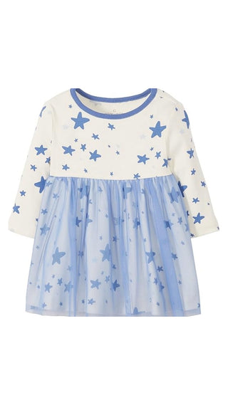 Girls' Long Sleeve Star Print Tulle Dress in Medium Blue