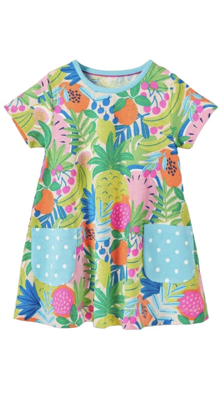 Mini Boden Girl's Short-sleeved Printed Tunic in Tickled Pink Tropical Fruit