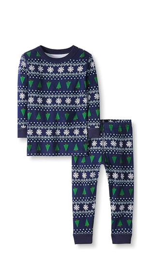 Kids Festive Print Long John Pyjama Set in Navy White Winter Fairisle