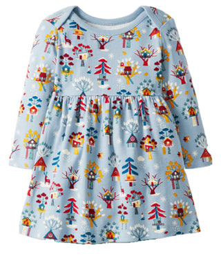 Girl's Long Sleeve Festive Print Rib Knit Dress in Blue