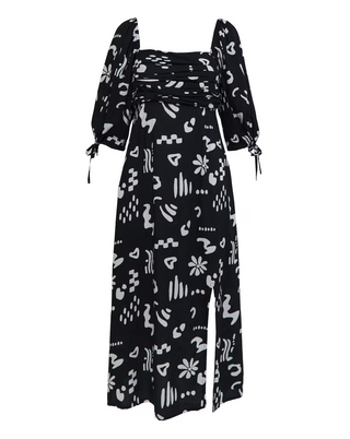 Women's Black Conversational Print Soft Volume Dress in Black