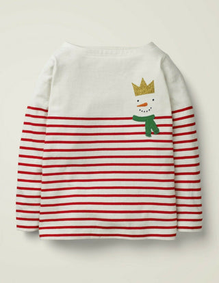 Mini Boden Girl's Festive Applique Breton in Rockabilly Red/Ivory Snowman (Slightly defect)