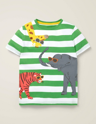 Mini Boden Boys' Breton Friendly Animal Applique T-Shirt in Green (SLIGHTLY DEFECT)