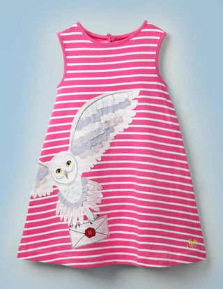 Mini Boden Girl's Harry Potter Stripy Applique Hedwig Dress in Pink Sorbet/Ivory (Sightly Defect)