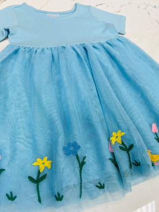 Girl's Short Sleeve Floral Tulle Dress In Blue