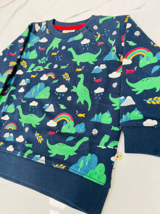 Frugi Kid's Long Sleeve Dinosaur Print Sweat Top In Navy (Slightly Defect)