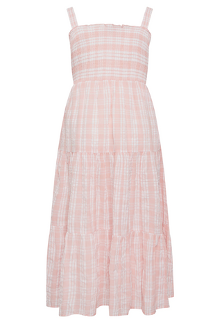 Women's  Plus Size Check Print Shirred Strappy Sundress in Pink