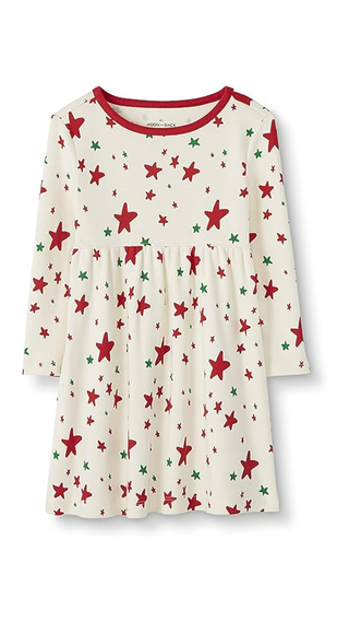 Girls' Long Sleeve Start Print Dress in Ivory Red