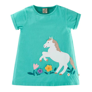 Frugi Girl's Lizzie Applique Horse Top in Aqua Green (Imperfect)