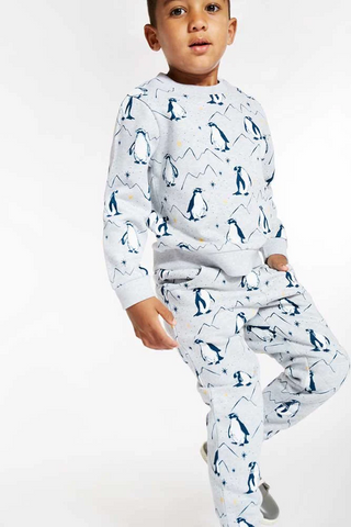 Frugi Boy's Penguins Printed Snug Joggers in Grey Marl