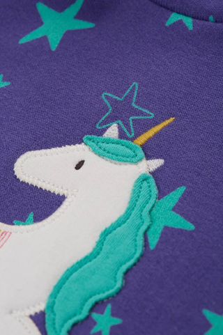 Frugi Girl's Long Sleeve Henrietta Applique Hoody Dress in Mussel Purple/Unicorn (Slightly Defect)