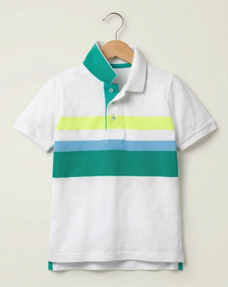 Mini Boden Boy's Pique Polo Shirt in White Neon Stripe (Slightly Defect)