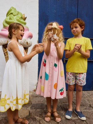 Mini Boden Girl's Remy Button Through Pinafore Dress in Pink Boucle Fruit