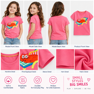 Mini Boden Girls Short Sleeve Applique Cotton T-Shirt Pink Lounge Cat