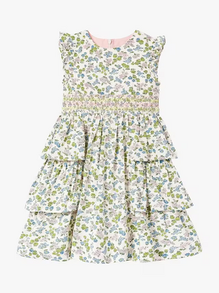 Mini Boden Girls' Ditsy Floral Smocked Ruffle Dress in Ivory Meadow