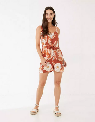 Women's Patsy Linear Blooms Playsuit in Orange (IMPERFECT)