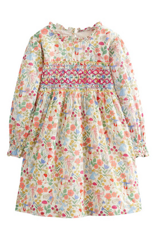 Mini Boden Girl's Cosy Smocked Dress in Vanilla White Fairies