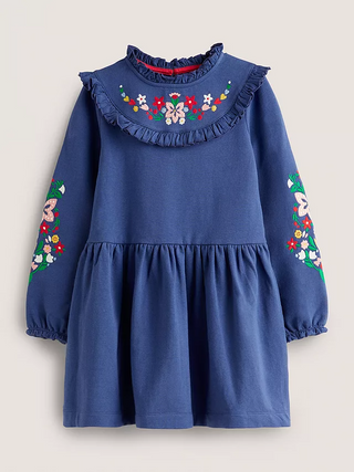 Mini Boden Girl's Floral Embroidered Sweater Jersey Dress in Starboard Navy