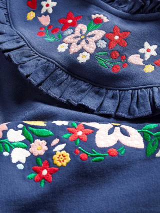 Mini Boden Girl's Floral Embroidered Sweater Jersey Dress in Starboard Navy