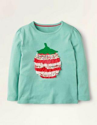 Mini Boden Girl's Ruffle Applique T-shirt in Green/Strawberry (Slightly Defect)