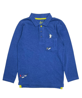 Mini Boden Boy's Long Sleeve Applique Pocket Polo Shirt Blue/Penguin