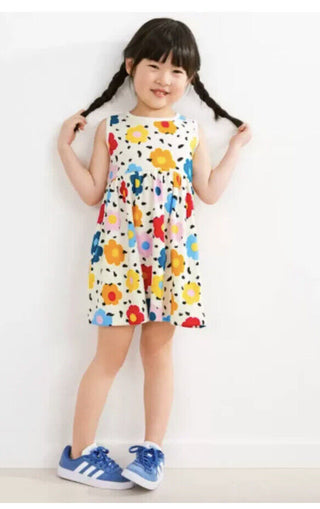 Girl's Colourful Printed Floral Play Dress in Ivory