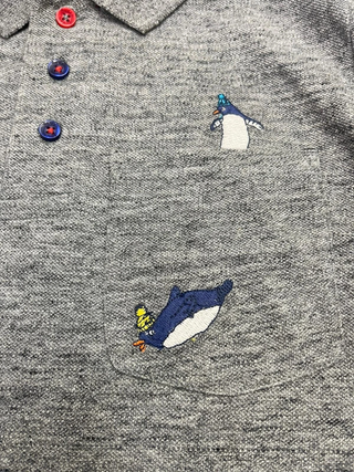 Mini Boden Boy's Long Sleeve Applique Polo Shirt Grey Marl/Penguin
