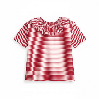 Mini Boden Girl's Short Sleeve Ruffle Neck Stripe T-shirt - Ivory/Red (Imperfect)