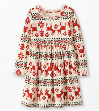 Girl's Holiday Print Ruffle Neck Dress in Winter Red