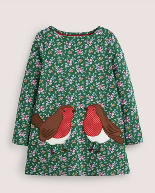 Mini Boden Girl's Big Applique Dress in Ditsy Green Robbin