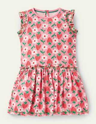 Mini Boden Girl's Frill Detail Jersey Dress In Red Strawberry (Slightly Defect)