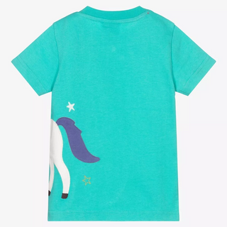 Frugi Girl's Short Sleeve Unicorn Avery Applique Top in Pacific Aqua