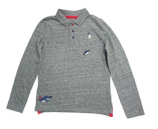 Mini Boden Boy's Long Sleeve Applique Polo Shirt Grey Marl/Penguin