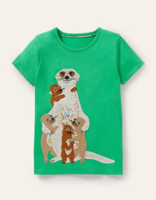 Mini Boden Girl's Applique Top in Aloe Green Meerkats (Slightly Defect)