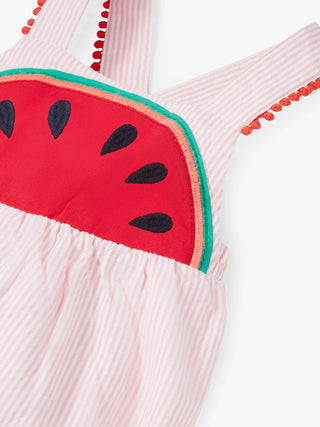 Baby Boden Girls' Fun Ticking Bubble Romper in Pink Lemonade Watermelons