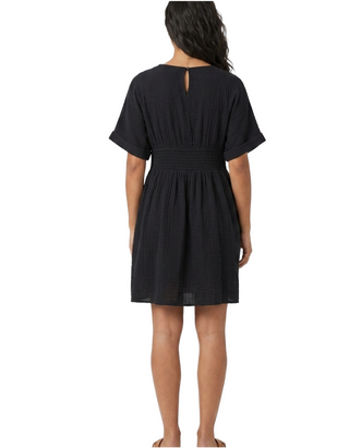 Women's Black Crinkle Button Through Smock Dress