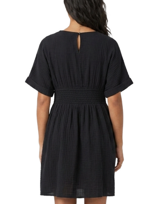 Women's Black Crinkle Button Through Smock Dress