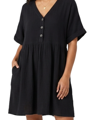 Women's Black Crinkle Button Through Smock Dress