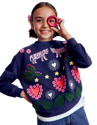 Girls Mini Boden Long Sleeve Boden Bobbie Tiger Applique Sweatshirt Navy