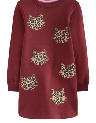 Mini Boden Girls Sweatshirt Applique Dress Chestnut Cat Faces In Burgundy