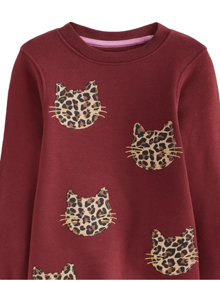 Mini Boden Girls Sweatshirt Applique Dress Chestnut Cat Faces In Burgundy