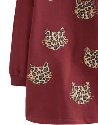 Mini Boden Girls Sweatshirt Applique Dress Chestnut Cat Faces In Burgundy