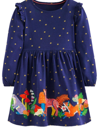 Mini Boden Girls Embroidered Ruffle Applique Jersey Dress In Navy