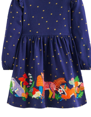 Mini Boden Girls Embroidered Ruffle Applique Jersey Dress In Navy