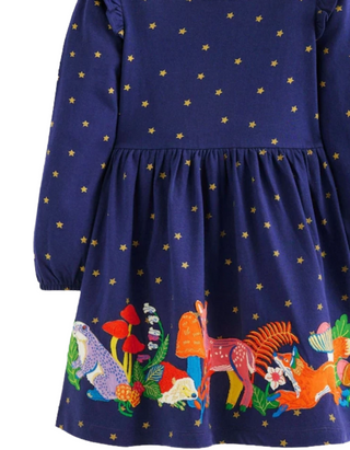 Mini Boden Girls Embroidered Ruffle Applique Jersey Dress In Navy