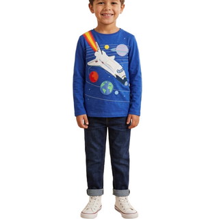 Mini Boden Long Sleeve Space Print Kids T-Shirt In Navy