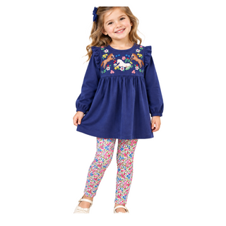 Mini Boden Girls embroidered Horse Print Set In Navy