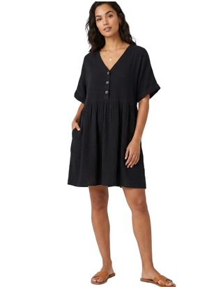 Women's Black Crinkle Button Through Smock Dress